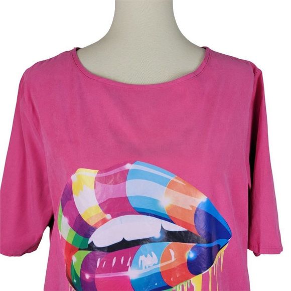 Unbranded Pink Colorful Lip Print Midi Shift Short Sleeves Pocket Dress Size XL - Picture 4 of 10